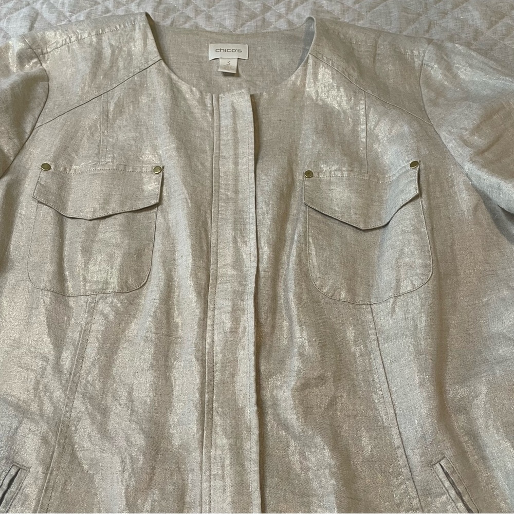 Chico’s Linen Metallic Gold Zip Up Front Jacket Size 3 / XL / 16 - Picture 14 of 16